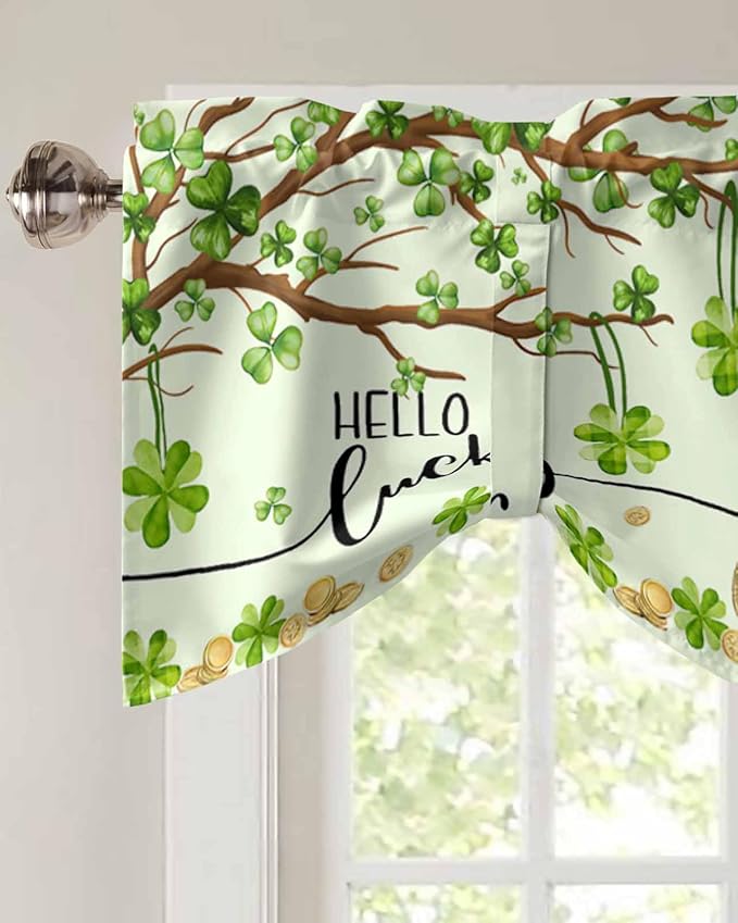 Lucky Cat St. Patrick's Day Blackout Tie Up Valance Curtains for Kitchen Windows Green Spring Shamrocks Tree Window Toppers Balloon Shades for Living Room/Bathroom/Bedroom,1 Panel, 60" X 18"