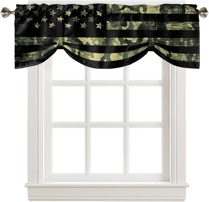 Rustic Green Camo Military Pattern American Flag Blackout Tie Up Valance Curtains for Kitchen Windows Camouflage Window Toppers Balloon Shades for Living Room/Bathroom/Bedroom,1 Panel,54" X 18"