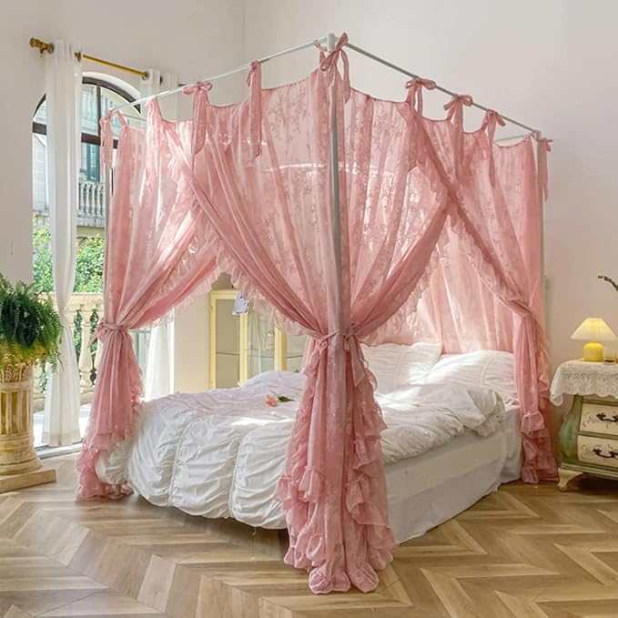 Mengersi Canopy Bed Curtains with Tie Backs,Princess Bed Canopy Curtains Bed Drapes Sheer Curtains for Bedroom Decor（Queen,Pink