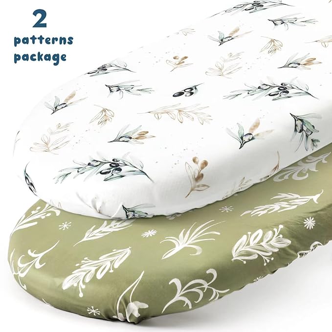 Stretchy Ultra Soft Fitted Bassinet Sheets Set 2 Pack, Cradle Sheet Universal Fit for Rectangle, Oval or Hourglass Bassinet Pad/Mattress Safe and Snug, Stylish Watercolor Flora and Olive
