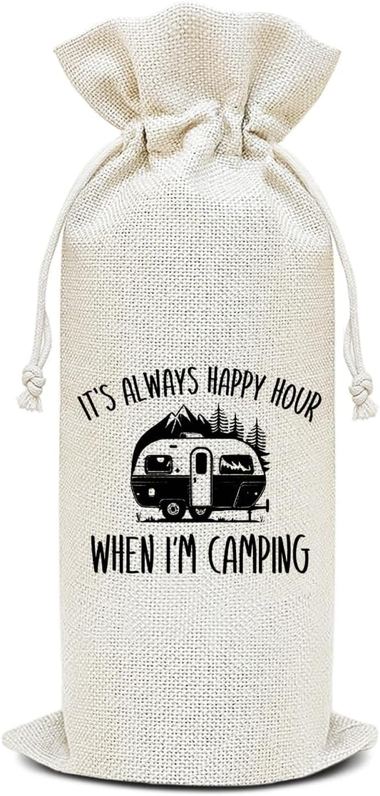 Wine Canvas Bag, Camper Gifts Wine Gift Bag, Camping Gift for Women Men Camper Friend Vacation Gifts Wine Bags for Wine Bottles, Wine Champagne Gifts With Drawstring Outdoor Party Decoration -WB11