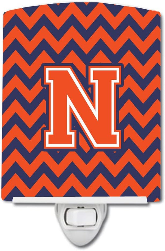 Caroline's Treasures CJ1042-NCNL Letter N Chevron Orange and Blue Ceramic Night Light Compact, UL-Certified, Ideal for Bedroom, Bathroom, Nursery, Hallway, Kitchen, 6x4x3, Multicolor