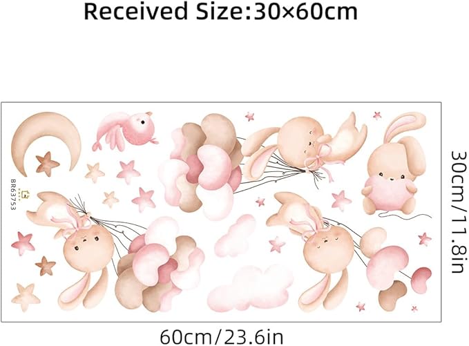 Bunny Air Balloon Animals Wall Decals The Moon and Stars Nursery Wall Stickers Baby Girls Room Wall Decor