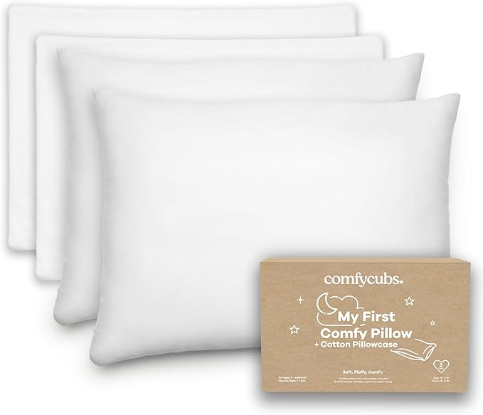 Comfy Cubs Toddler Pillow with Soft Cotton Pillowcase, 13"x18", White (2 Pack) - Kids Pillow for Sleeping & Travel - Comfortable Small Pillow - Kids Travel Pillow with Breathable Microfiber Fill