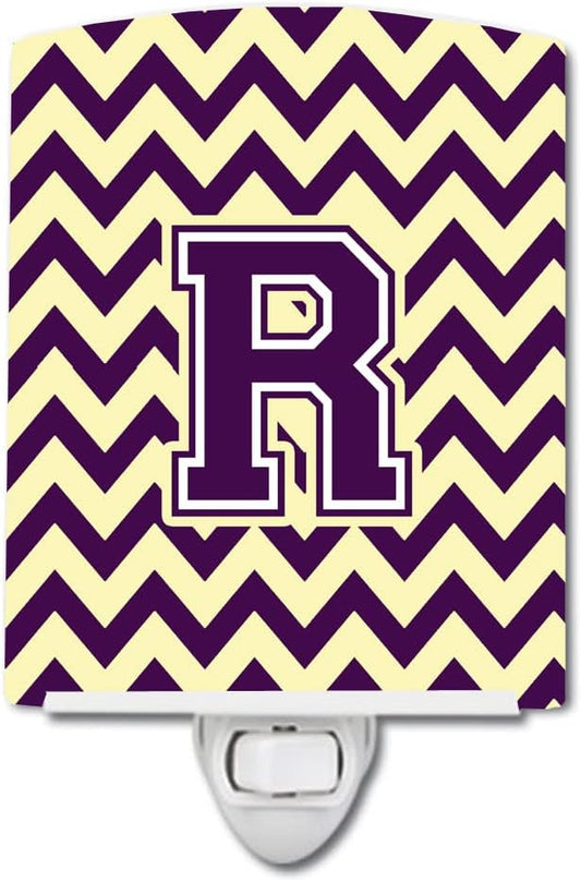 Caroline's Treasures CJ1058-RCNL Letter R Chevron Purple and Gold Ceramic Night Light Compact, UL-Certified, Ideal for Bedroom, Bathroom, Nursery, Hallway, Kitchen, 6x4x3, Multicolor