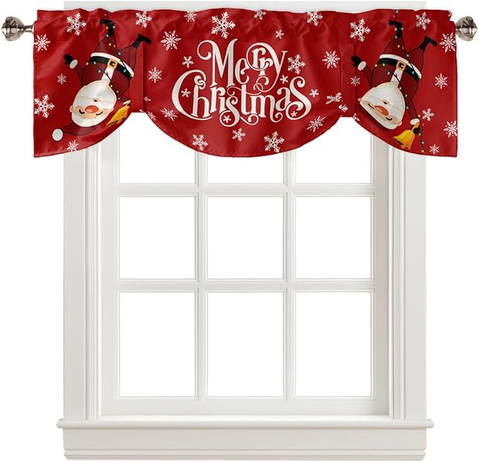 Red Merry Christmas Blackout Tie Up Valance Curtains for Kitchen Windows Funny Hanging Santa Window Toppers Balloon Shades for Living Room/Bathroom/Bedroom,1 Panel, 60" X 18", Snow Winter Holiday