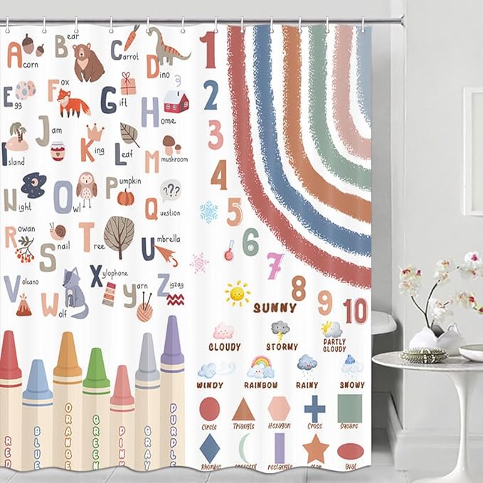 Kids Alphabet Shower Curtain, Funny Cartoon Animal ABC Learning Bath Curtain 47 x 72 Inch, Educational Boys Girls Children Bathroom Curatin Decoration Waterproof with Hooks Washable