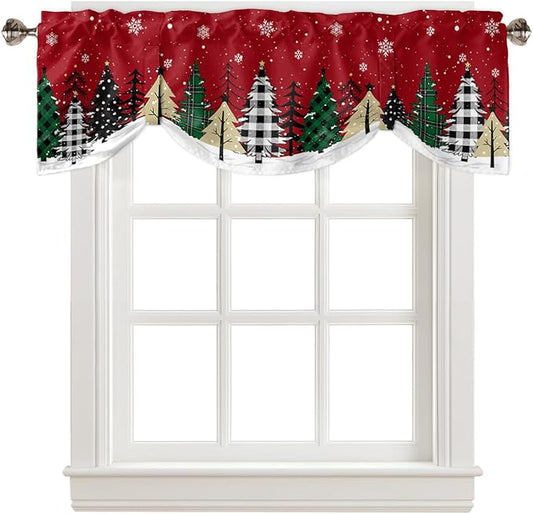 Red Merry Christmas Blackout Tie Up Valance Curtains for Kitchen Windows Green Christmas Tree Window Toppers Balloon Shades for Living Room/Bathroom/Bedroom,1 Panel, 60" X 18",White Snow Forest Winter