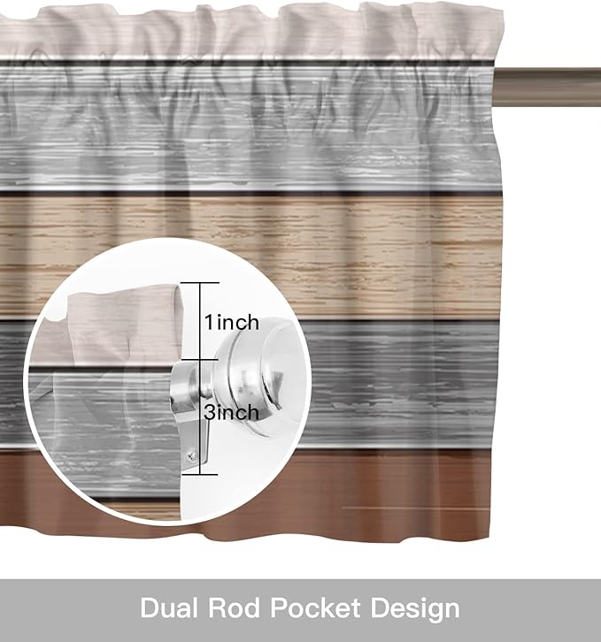Farmhouse Fall Kitchen Curtains Valances for Windows ,Brown Grey Rod Pocket Country Window Treatment for Kitchen /Living Room/Bedroom/ Bathroom,60" X 18" -1 Panel, Retro Rustic Barn Wood Texture
