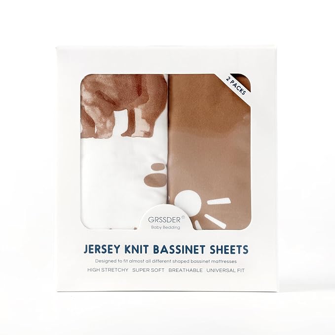 GRSSDER Stretchy Ultra Soft Bassinet Sheet 2 Pack, Universal Fit for Bassinets Baby Cradle Moses Basket Oval Rectangle Mattress or Changing Table Pad Safe and Snug, Stylish Print of Sunny Bear