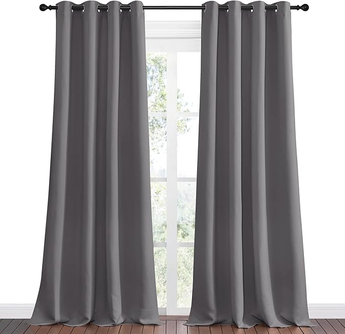 NICETOWN Bedroom Blackout Curtains Panels, 1 Pair, 55 inches by 102 Inch, Grey, Triple Weave Energy Saving Thermal Insulated Solid Grommet Blackout Draperies for Patio