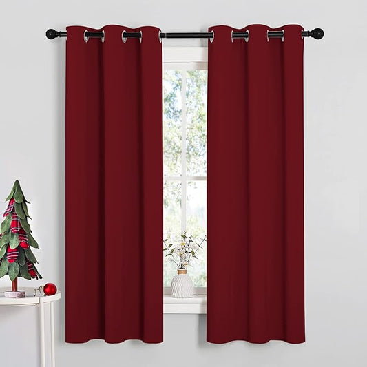NICETOWN Christmas Window Curtains Blackout Drapes, Thermal Insulated Solid Grommet Blackout Curtains/Draperies for Living Room (Burgundy Red, 1 Pair, 34 by 63 inches)