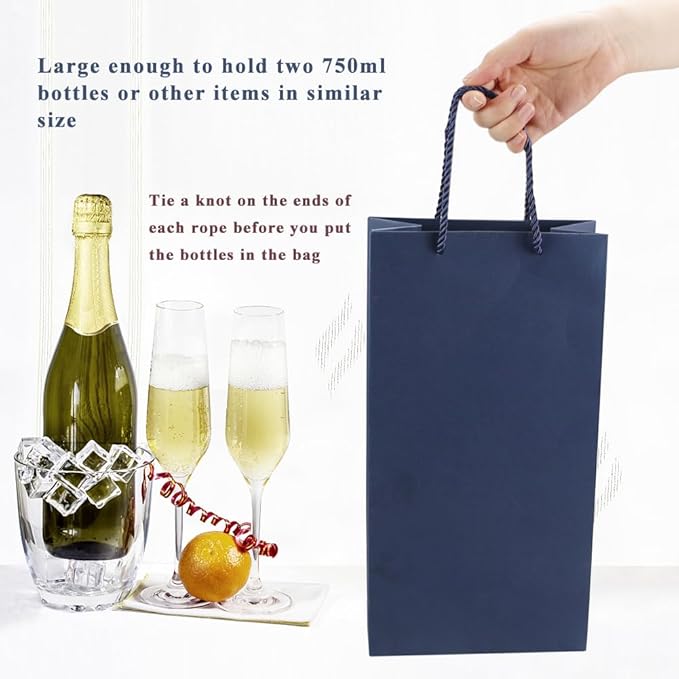 Prembag Wine Bag for Double Wine Bottles,Navy Blue Double Wine Gift Bags, 7"x 3.5"x13.8" Whiskey/Liquor Wine Bottle Bags For Gifts, 2 Bottle Wine Bags with Rope Handles,4 Pcs
