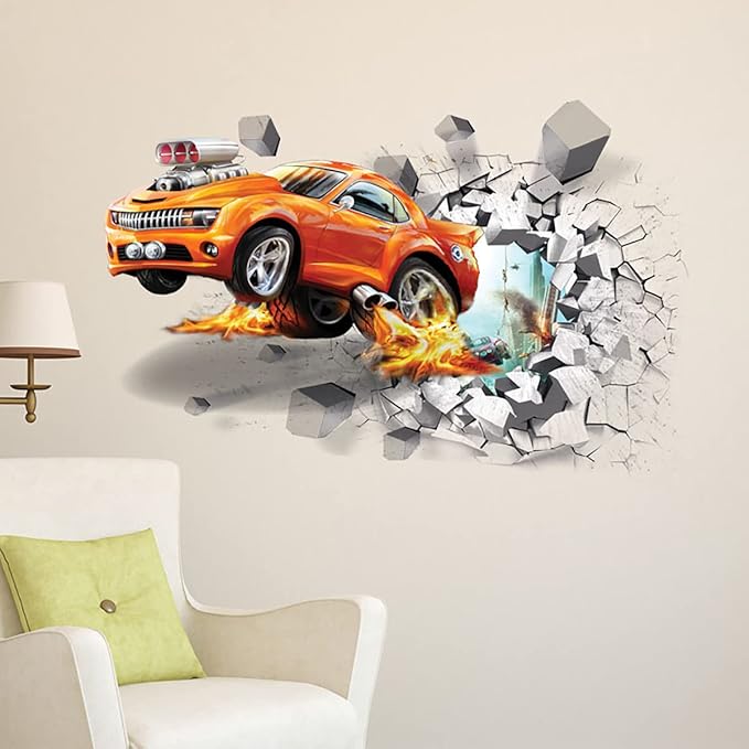 3D Fire Car Wall Sticker Decal Crack Hole fire Car Wall Art Decal Removable Broken Smashed Car Decoration Mural for Boys Bedroom Baby Kids Nursery Room (3D Fire Car)