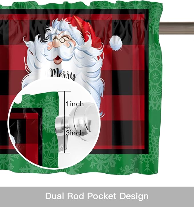 Merry Christmas Y'all Kitchen Curtains Valances for Windows XMAS Santa Claus Rod Pocket Window Treatment for Kitchen/Living Room/Bedroom/Bathroom,60" X 18" -1 Panel, Red Buffalo Plaid