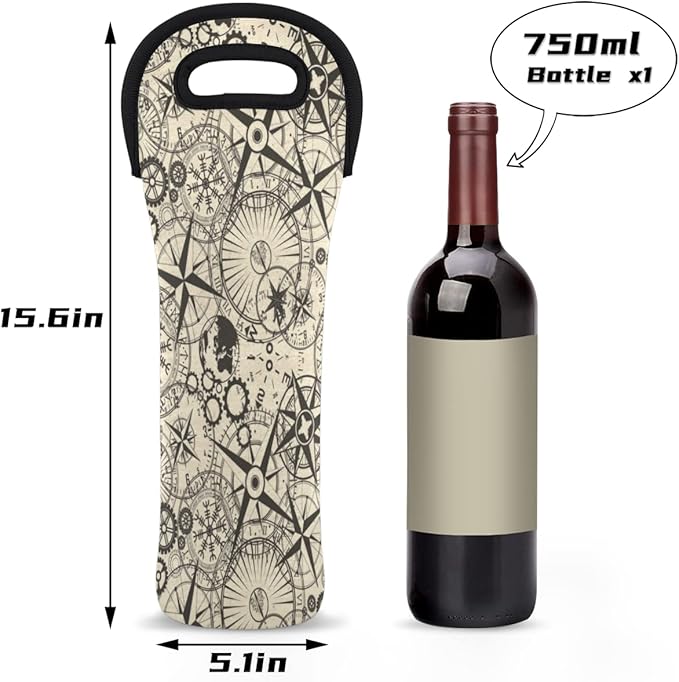 Compass Old Signs Single Bottle Wine Gift Tote Carrier Neoprene Wine Tote Bags Holder Cooler Wine Lover Gift