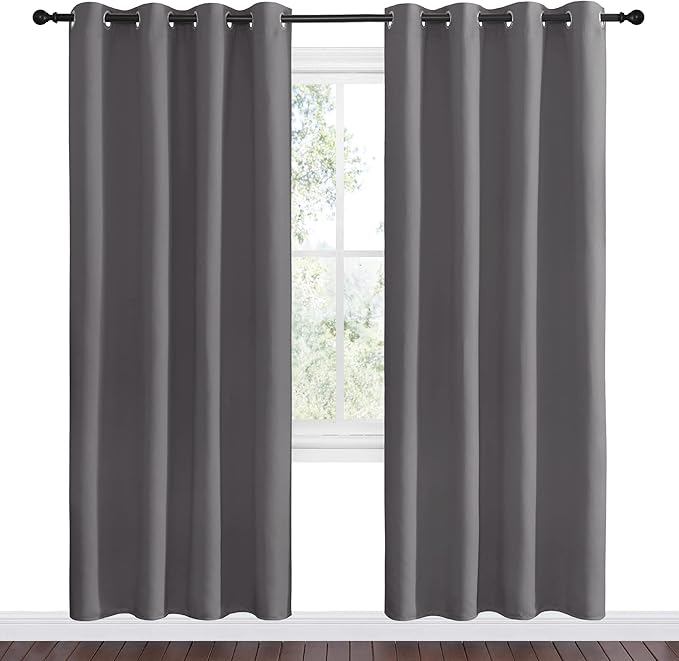 NICETOWN Blackout Curtains Panels for Bedroom - 3 Pass Microfiber Noise Reducing Thermal Insulated Solid Ring Top Blackout Window Drapes (2 Panels, 55 x 78 Inch, Gray)