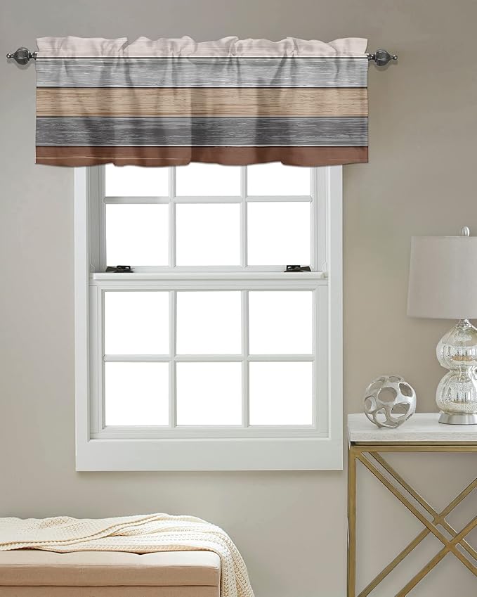 Farmhouse Fall Kitchen Curtains Valances for Windows , Brown Grey Rod Pocket Country Window Treatment for Kitchen /Living Room/Bedroom/ Bathroom,54" X 18" -1 Panel, Retro Rustic Barn Wood Texture