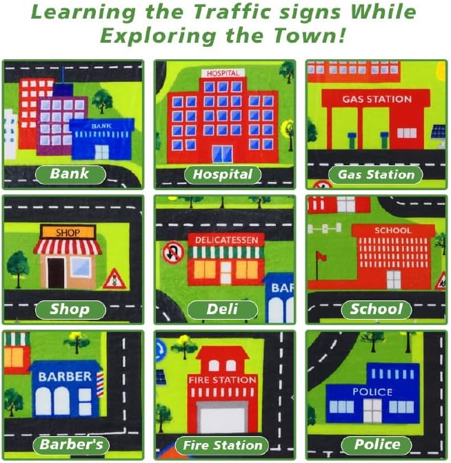 Kids Playmat Car Rug Educational Car Rugs Large City Life Play Mat for Bedroom Play Room Round Rug Non Slip Kids Foam Rug Playtime Activity Mat for Toddler Baby Boys and Girls 4 x 4