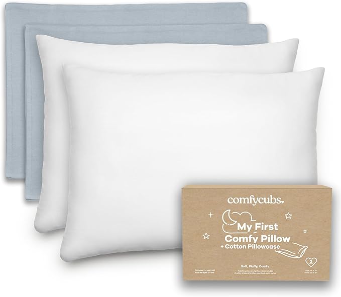 Comfy Cubs Toddler Pillow with Soft Cotton Pillowcase, 13"x18", Pacific Blue, 2 Pack - Kids Pillow for Sleeping & Travel - Comfortable Small Pillow - Kids Travel Pillow with Breathable Microfiber Fill