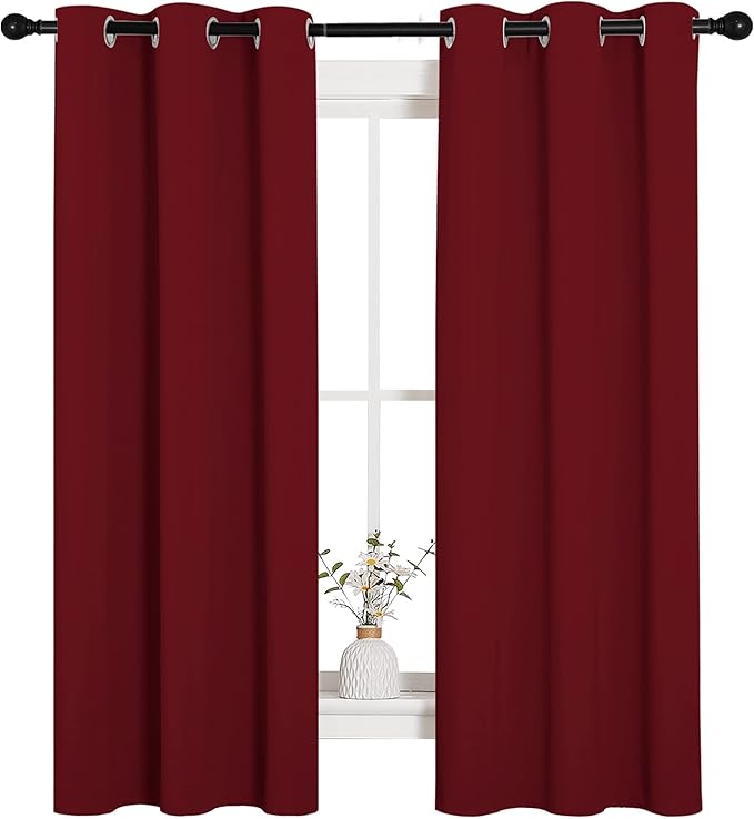 NICETOWN Christmas Window Curtains Blackout Drapes, Thermal Insulated Solid Grommet Blackout Curtains/Draperies for Living Room (Burgundy Red, 1 Pair, 34 by 63 inches)