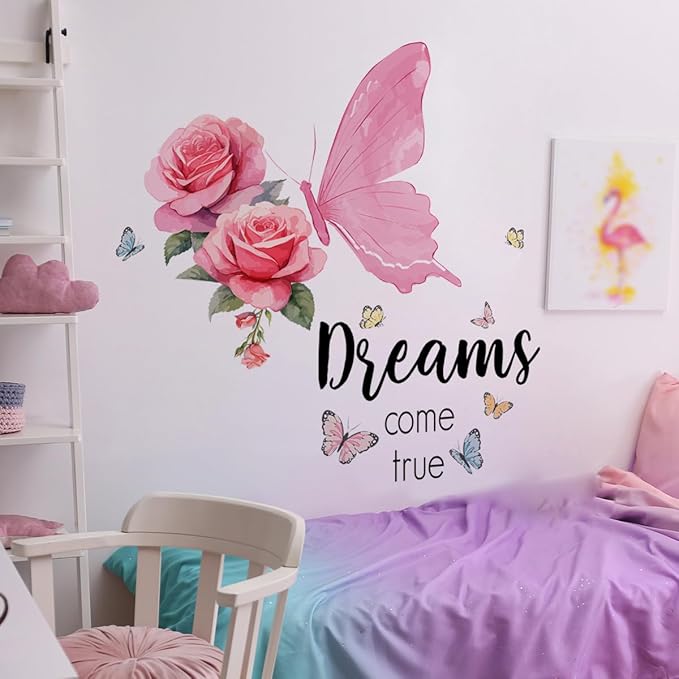 Pink Butterfly and Rose Wall Decal - "Dreams Come True" Design - 85x64cm Decorative Sticker