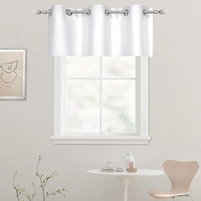 Solid White Grommet Valance for Windows 42X18 Inches Valance for Kitchen Blackout Curtain Valance for Living Room Short Straight Drape Valance for Bedroom Kids Room 1 Panel