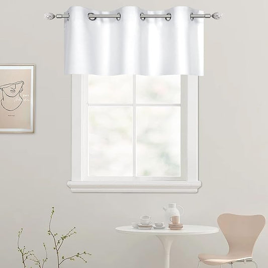 Solid White Grommet Valance for Windows 42X18 Inches Valance for Kitchen Blackout Curtain Valance for Living Room Short Straight Drape Valance for Bedroom Kids Room 1 Panel