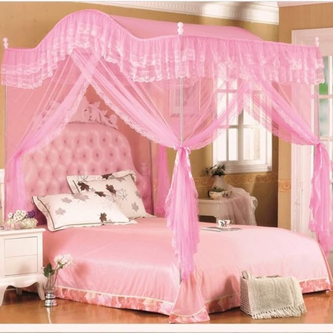Mengersi Arched 4 Corners Post Bed Curtain Canopy Net Square Princess Fly Screen, Indoor Outdoor (Full, Pink)