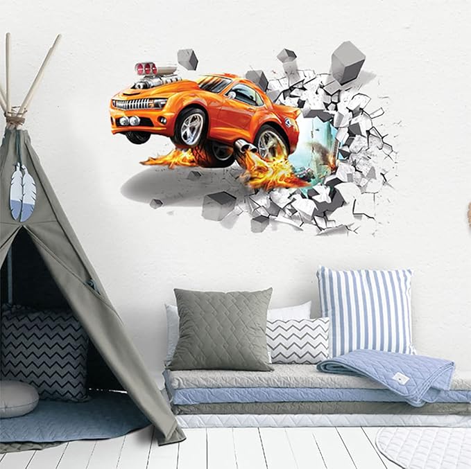 3D Fire Car Wall Sticker Decal Crack Hole fire Car Wall Art Decal Removable Broken Smashed Car Decoration Mural for Boys Bedroom Baby Kids Nursery Room (3D Fire Car)