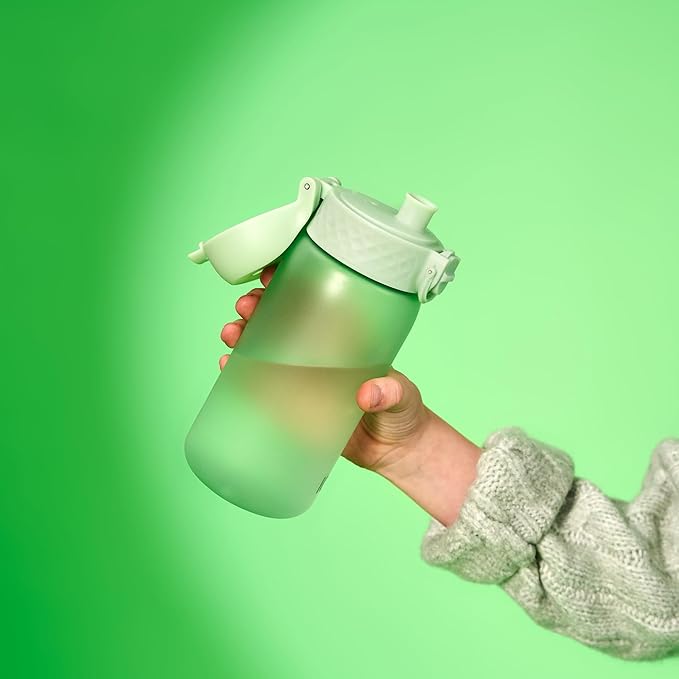 Ion8 Small Water Bottle, 350 ml/12 oz, Leak Proof, Easy to Open, Secure Lock, Dishwasher Safe, BPA Free, Carry Handle, Hygienic Flip Cover, Easy Clean, Odor Free, Carbon Neutral, Surf Green