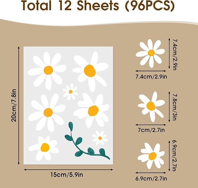 96pcs Cute Daisy Flowers Wall Sticker PVC Colorful Y2k Floral Wall Decor Vinyl Peel and Stick Flowers Stickers for Teen Girls Boy Kids Nursery Bedroom Kindergarten(12 Sheets)