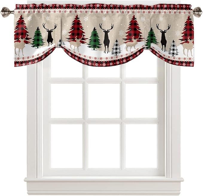 Farmhouse Christmas Blackout Tie Up Valance Curtains for Kitchen Windows Rustic Plaid Christmas Tree Snowflakes Window Toppers Balloon Shades for Living Room/Bathroom/Bedroom,42" X 12" Red Green Black