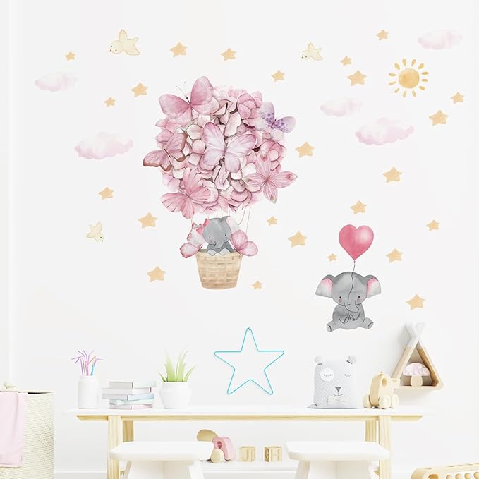 Pink Butterfly Hot Air Balloon Elephant Wall Decor for Baby Girl Room Star Cloud Nursery Wall Decal Stickers