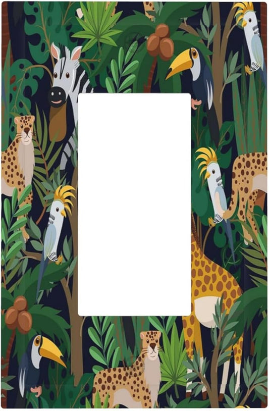 Cartoon Animal Zebra Leopard Giraffe Bird Leaf 1 Gang Rocker Nursery Light Switch Covers Decorative Single Decora Outlet Wall Plate Faceplate Switchplate GFCI for Kidroom Bedroom