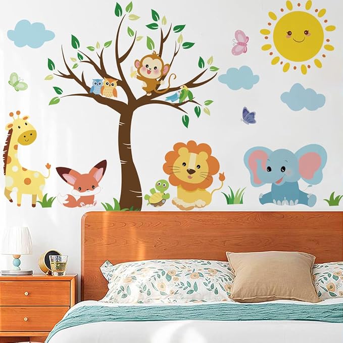Runtoo Baby Animals Wall Decals Elephant Lion Monkey Jungle Tree Wall Stickers for Kids Room Nursery Classroom Wall Decor