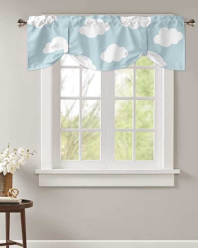 Kids Blackout Tie Up Valance Curtains for Kitchen Windows Blue White Cloud Cartoon Window Toppers Balloon Shades for Living Room/Bathroom/Bedroom,1 Panel,60" X 18"