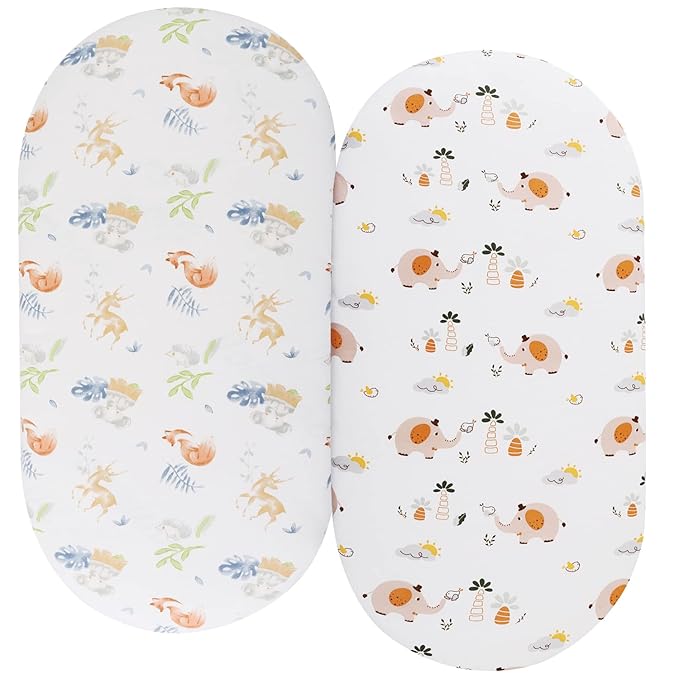 Bassinet Sheets Compatible with Dream On Me Traveler/Skylar/Seashell/Lotus Bassinet, INFANS, Maydolly and Evolur Stellar Bassinet, 2 Pack Fitted Sheets, 100% Jersey Knit Cotton, Fox Deer and Elephant