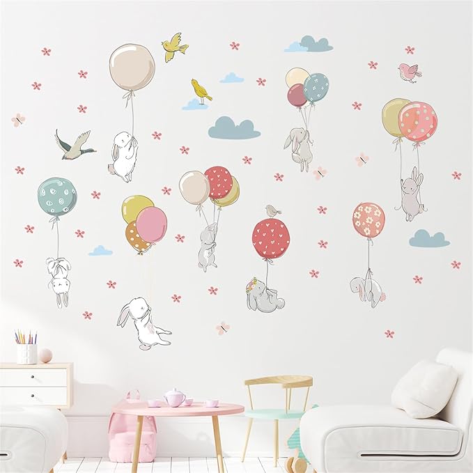 Colorful Balloon Cute Rabbit Wall Decal Floral Cloud Bunny Wall Stickers Nursery for Bedroom Girls Decor