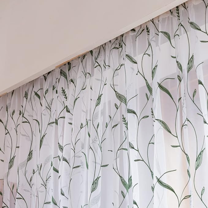 Windows Sheer Curtains Embroider Dark Green Leaf 95 Inches Length 2 Panels Voile Light Filtering Sheer Curtains Panel Basic Rod Pocket for Bedroom Living Room Children Room