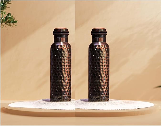 Craft Trade Ayurveda Copper Water Bottle for Drinking 34oz Antique Black Pure Set Of 2 Copper Water Pitcher Travel Water Bottle for Gym,Office Hiking, Outdoor Ayurvedic Hammered Water Bottle with Lid