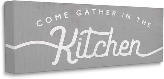 Stupell Industries Gather in The Kitchen Sign Rustic Family Phrase, Designed by Daphne Polselli Canvas Wall Art, 20 x 48, Grey