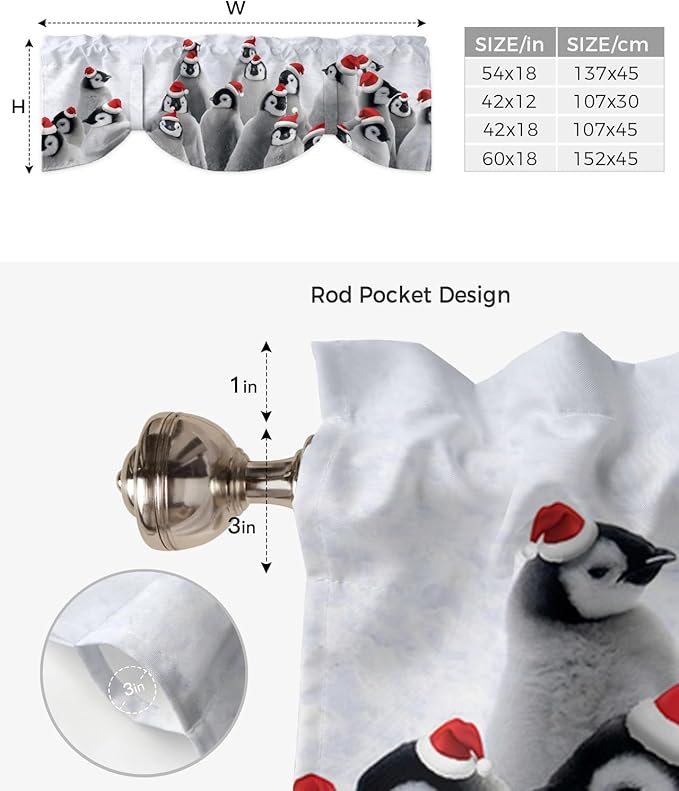 Funny Penguin with Christmas Hat Blackout Tie Up Valance Curtains for Kitchen Windows Winter Holidays Window Toppers Balloon Shades for Living Room/Bathroom/Bedroom,1 Panel,42" X 12"