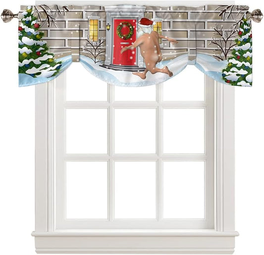 Christmas Farmhouse Blackout Tie Up Valance Curtains for Kitchen Windows Funny Santa Claus Window Toppers Balloon Shades for Living Room/Bathroom/Bedroom,1 Panel,60" X 18" Holly Xmas Tree