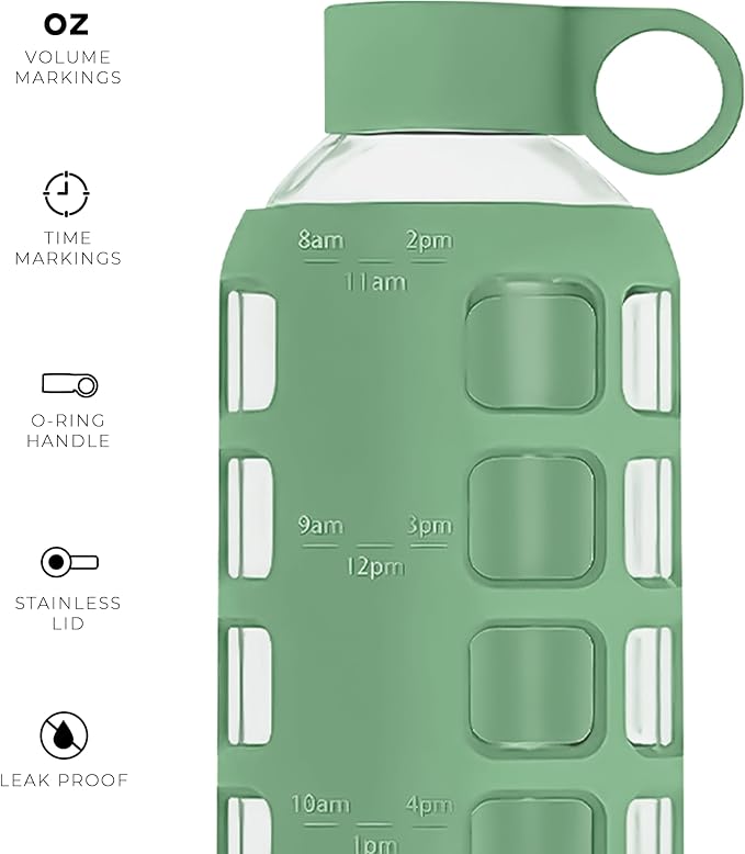 purifyou Premium 40/32 / 22/12 oz Glass Water Bottles with Volume & Times to Drink, Silicone Sleeve & Stainless Steel Lid Insert, Reusable Bottle for Fridge Water, Milk, Juice (22oz Shale Green)