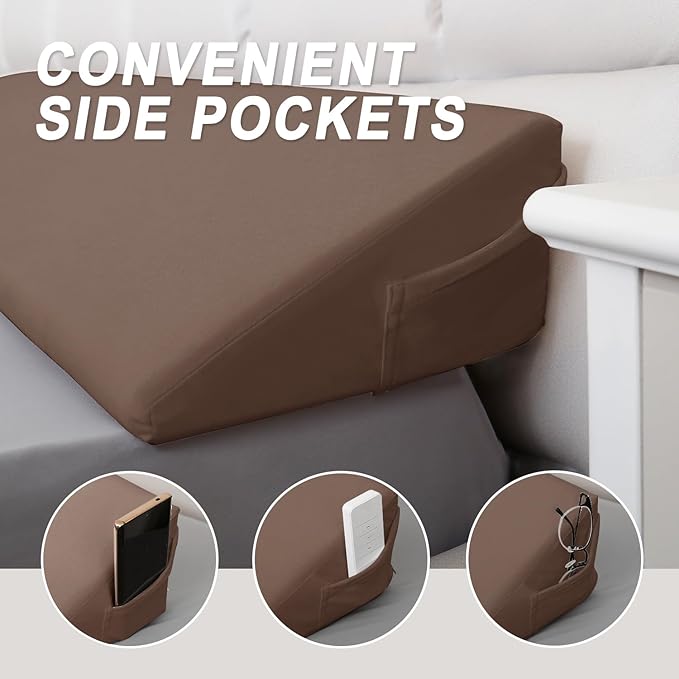 WdFour Bed Wedge pillow, close off Headboard, wall and Mattress Gap. incline, slanted sweat-proof pillow for neck and back pain relief anti-snoring for comfortable sleeping.(Chocolate,60Wx10Dx6H)