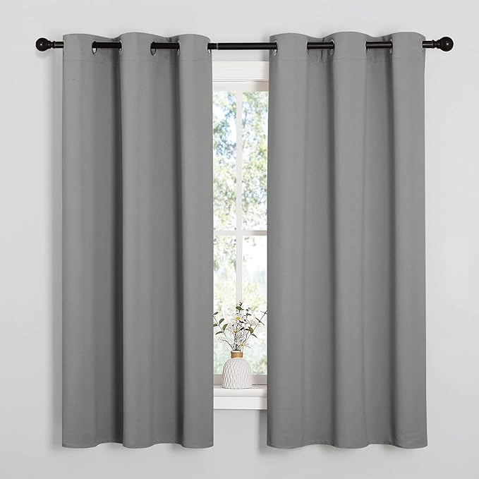 NICETOWN Silver Grey Thermal Insulated Grommet Blackout Curtains, Kids Window Drape Panel for Nursery, Privacy Short Curtains (2 Panels, W42 x L63 -Inch)