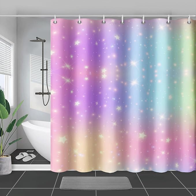 AILONEN Sparkling Stars Shower Curtain, Rainbow Shining Stars Cloth Bath Curtain Set for Girls Teens Kids Rainbow Lover,Fantasy Gradient Shower Curtain Liner,72" W*96" H