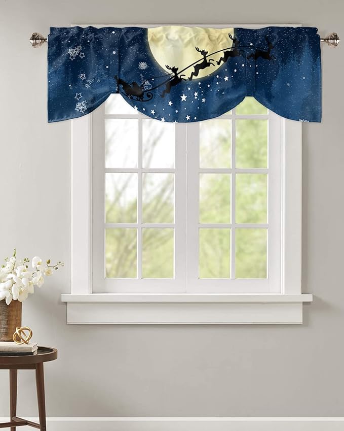 Christmas Blackout Tie Up Valance Curtains for Kitchen Windows Santa Claus Reindeer Window Toppers Balloon Shades for Living Room/Bathroom/Bedroom,1 Panel,42" X 18" Blue Snowy Night