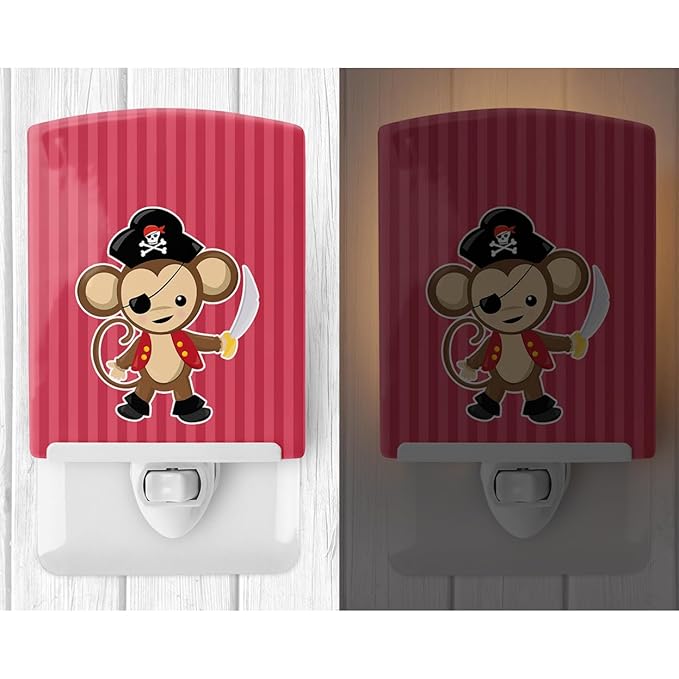 Caroline's Treasures BB8973CNL Pirate Monkey Red Ceramic Night Light Compact, UL-Certified, Ideal for Bedroom, Bathroom, Nursery, Hallway, Kitchen, 6x4x3, Multicolor